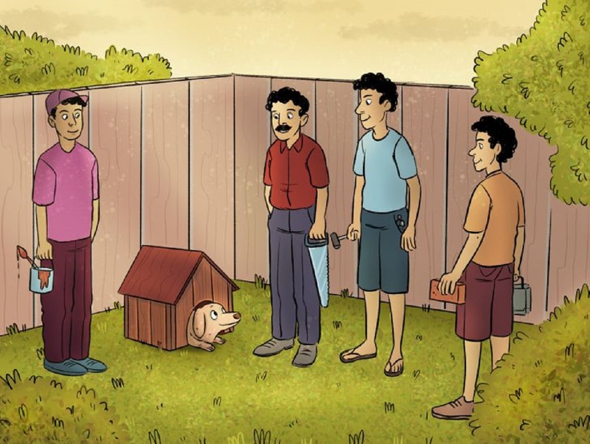 오직 진짜 천재만 15초 안에 맞힌다! 사진 속 강아지 집 짓기에 참여하지 않은 사람은 누구? - C3KOREA, image size:1200x903