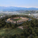 Exterior render. Image Courtesy of VUILD VUILD Designs Timber Stadium in Fukushima Drawing on Japanese Traditions of Renewal - Image 2 of 12