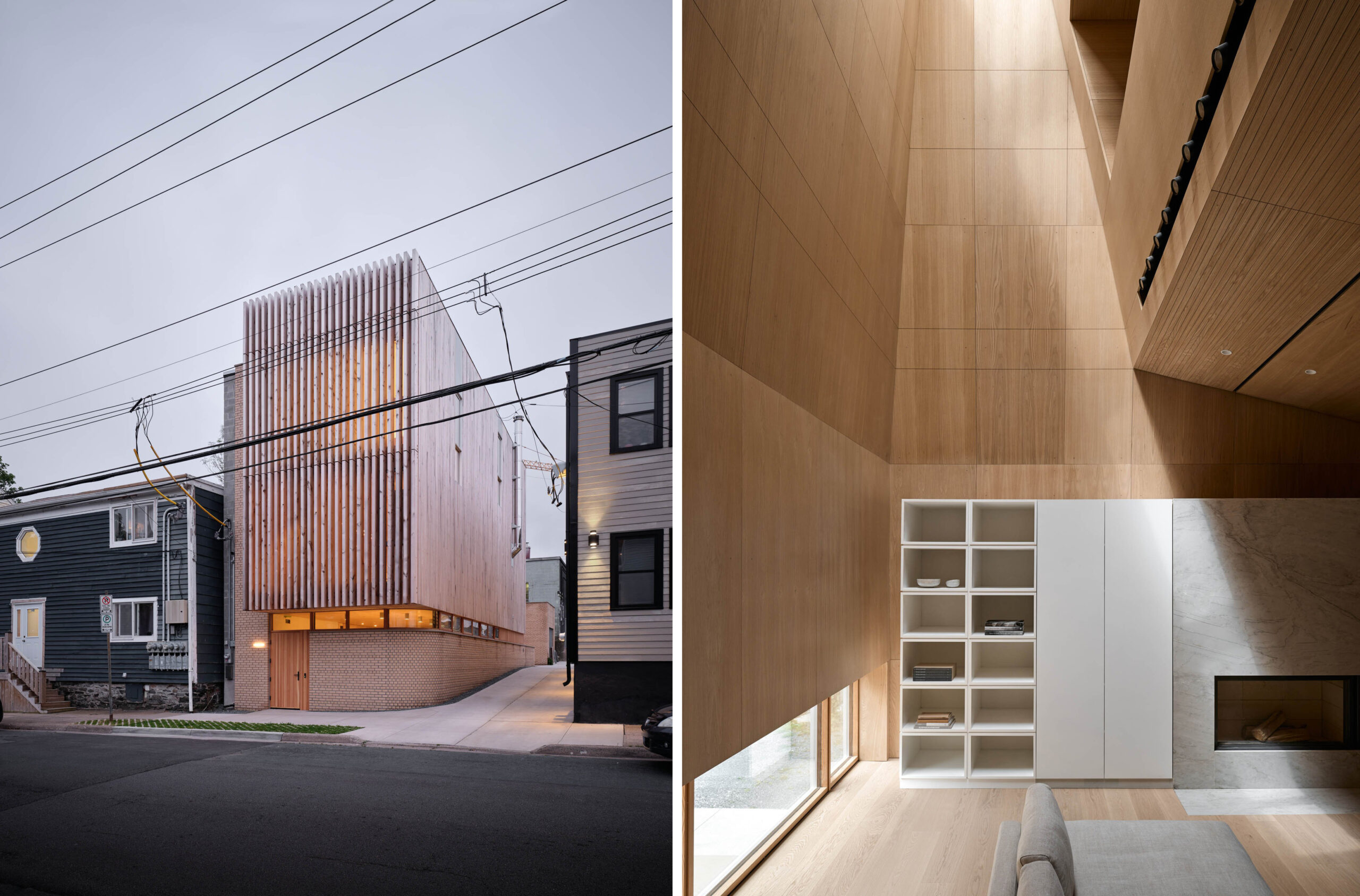 Exterior of the OG house in Halifax, designed by Omar Gandhi Architects, showing the cedar-clad volume on a brick base. Interior of the OG house, featuring a two-story light well and white oak paneling.