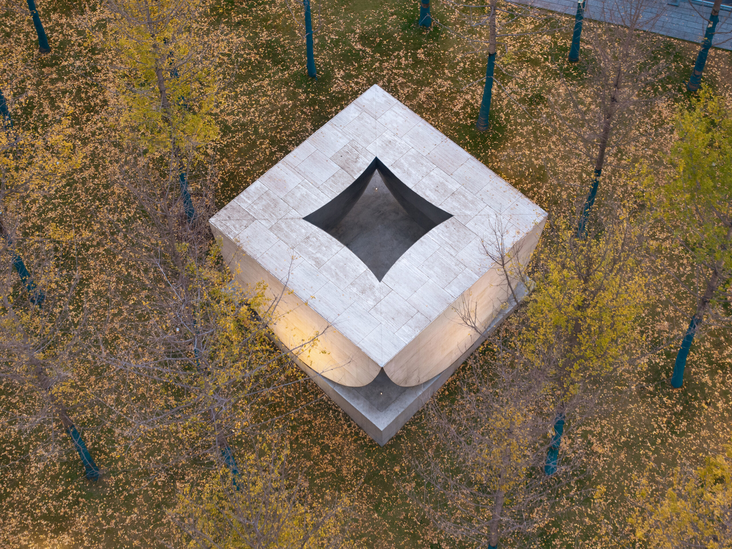 Aerial view of the Ginkgo Chapel at the AYDC Public Art Center.