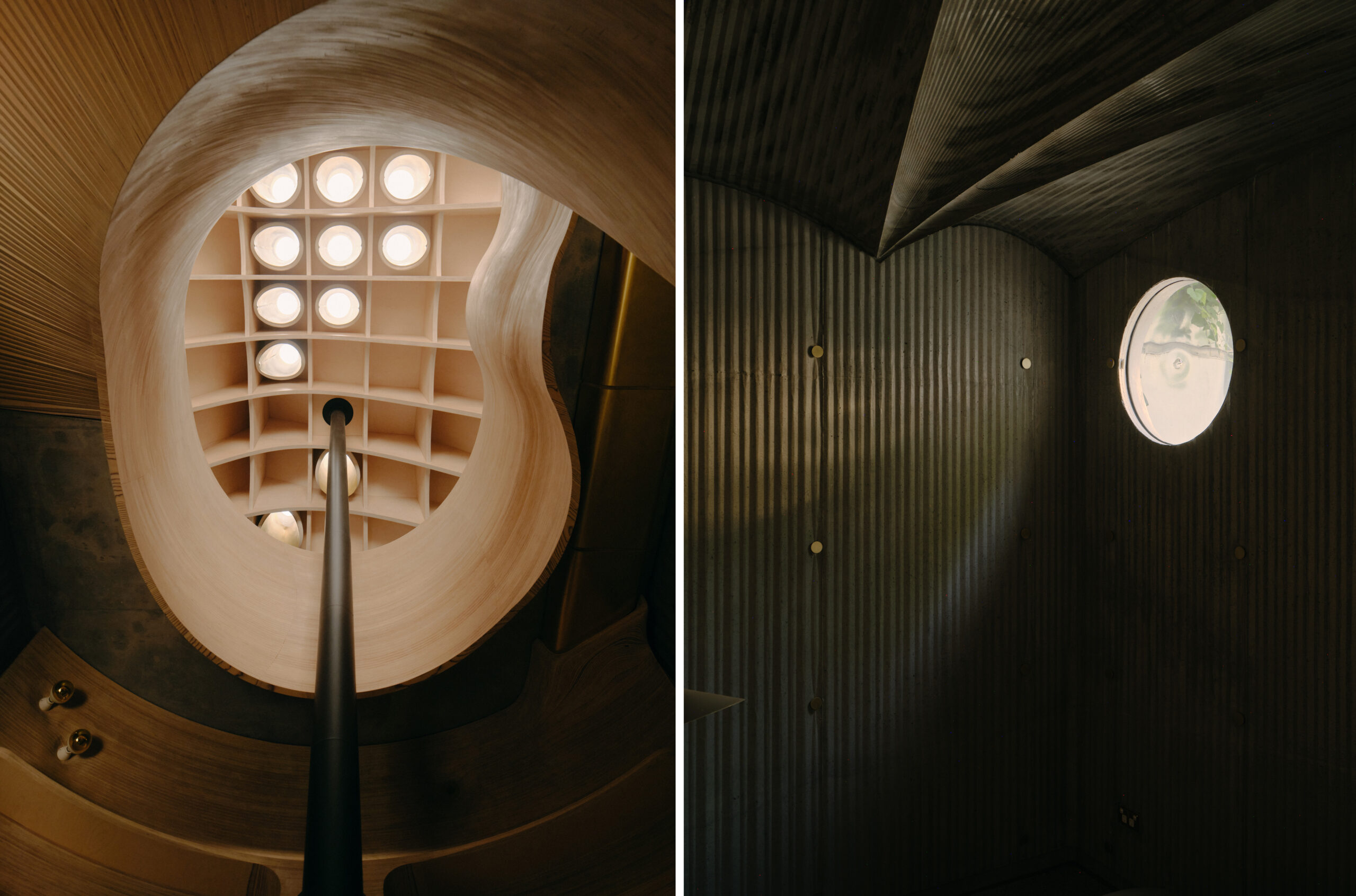 View looking up through the spiral staircase at Northcote House, showing the roof lights.
