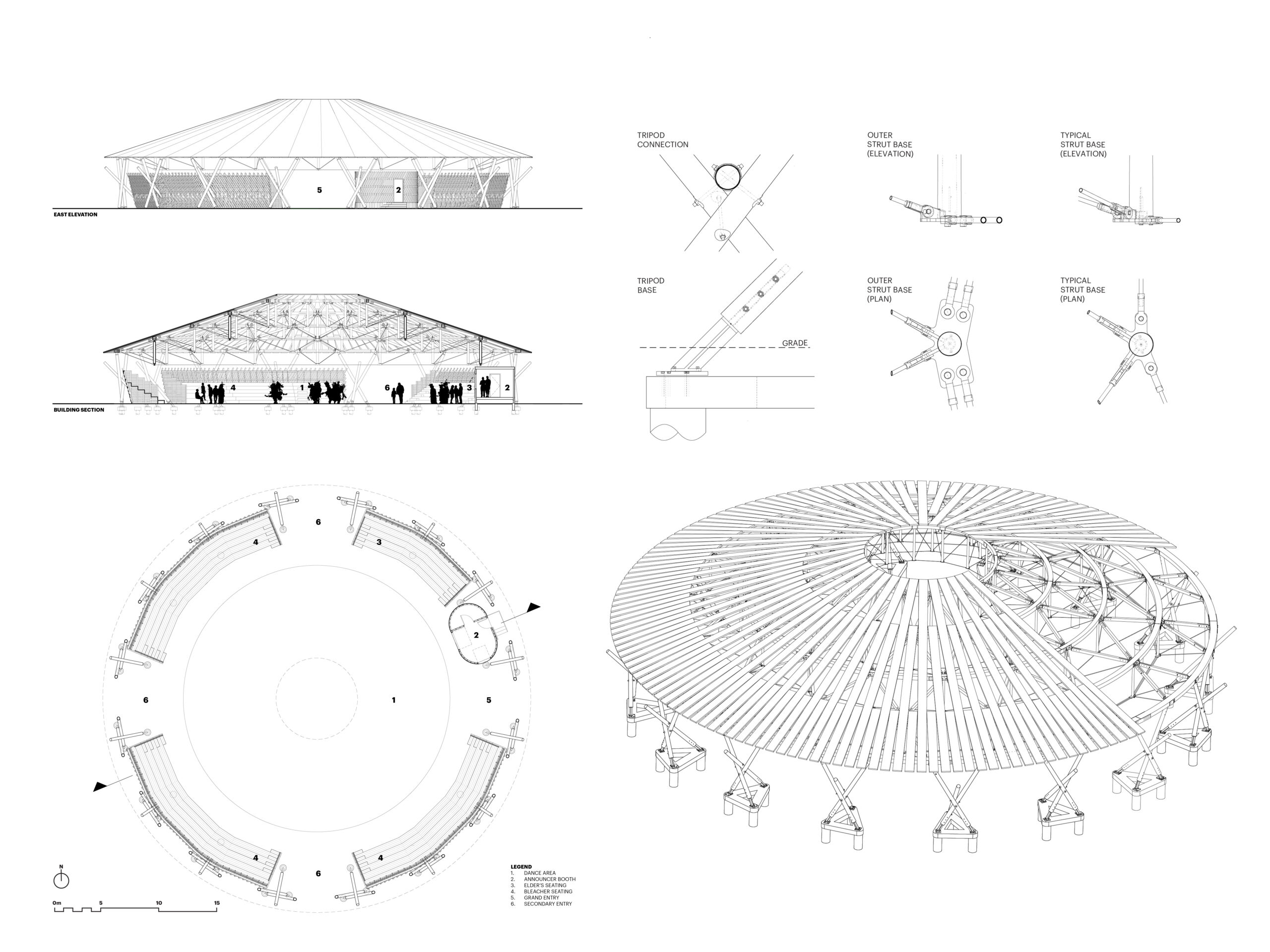 The arbour’s structural elements include timber milled on-site—Douglas fir, spruce from Saskatchewan, and nail-laminated timber roof panels. The roof’s design incorporates rainwater harvesting techniques and renewable energy technolo- gies. Precipitation harvested from the 52,743-square-foot roof surface will irrigate an adjacent medicine garden and orchard.