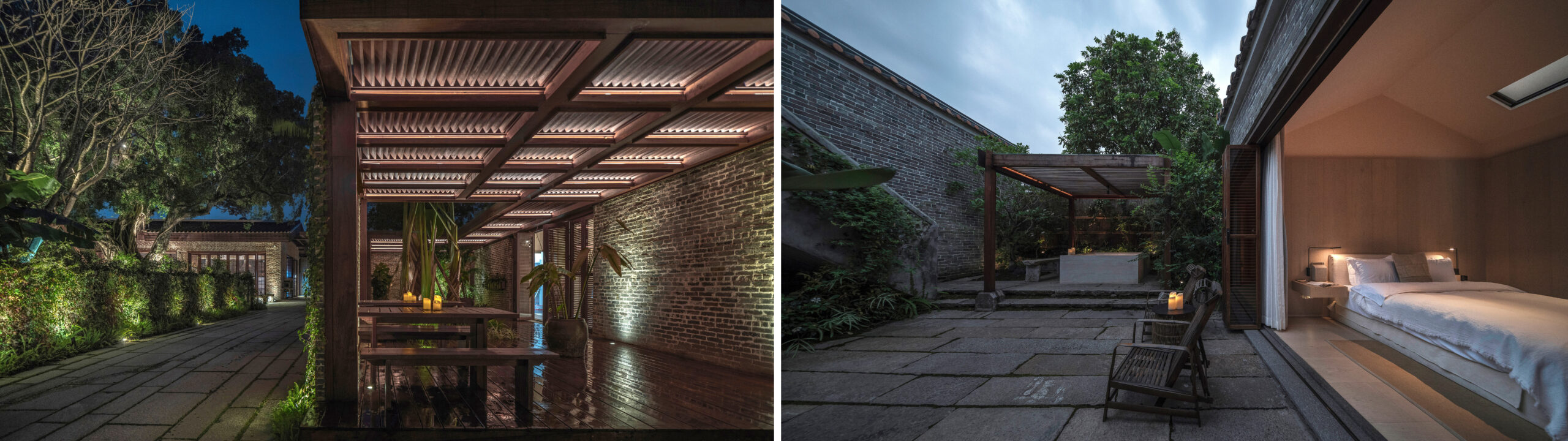 Courtyard of the Langtou Village Inn, showing the integration of traditional architecture and nature.